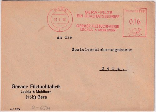 SBZ - Gera 16.1.48 16 Pfg. AFS "Filztuchfabrik" Ortsbrief