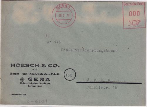 SBZ - Gera 20.2.48 000 Pfg. (!) aptierter AFS Ortsbrief - kein Nachporto !