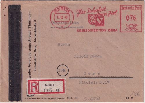 SBZ - Gera 13.12.48 76 Pfg. AFS "Kreisdirektion" Orts-Einschreibebrief
