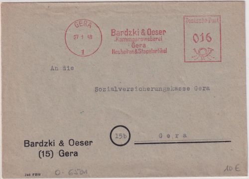 SBZ - Gera 27.1.48 16 Pfg. AFS "Bardzki & Oeser Kammgarnweberei" Ortsbrief