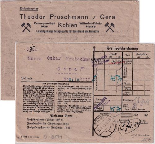 All.Bes. - Gera 31.8.45 Fernsprechrechnung Postsache/Ortsbrief