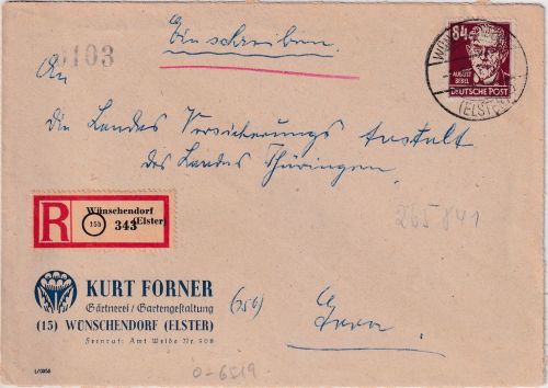 DDR - 84 Pfg. Bebel Einschreibebrief Wünschendorf - Gera 1951