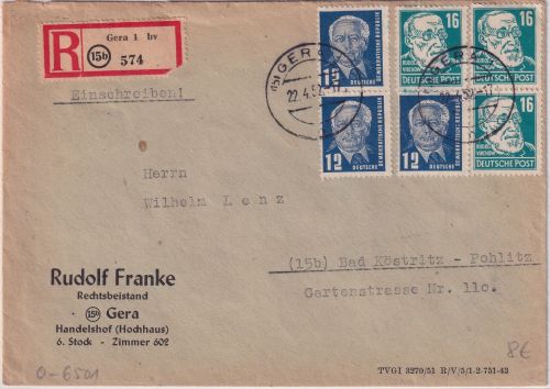 DDR - 3x16+3x12 Pfg. Virchow/Pieck Einschreibebrief Gera - Bad Köstritz 1952