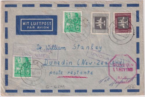 DDR - 50 Pfg. Flugpostausg. u.a. Lupo-Brief n. NEUSEELAND/postlagernd Gera 1960