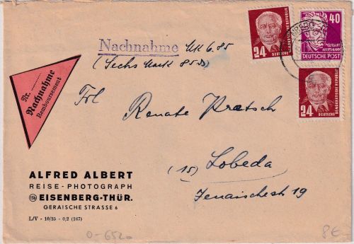 DDR - 40 Pfg. Hauptmann u.a. Nachnahmebrief Eisenberg - Lobeda 1952