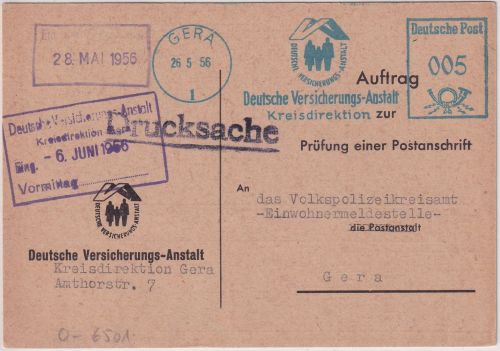 DDR - Gera 1956 5 Pfg AFS "Dt.Versicherungsanstalt" Anschriftenprüfung/Ortskarte