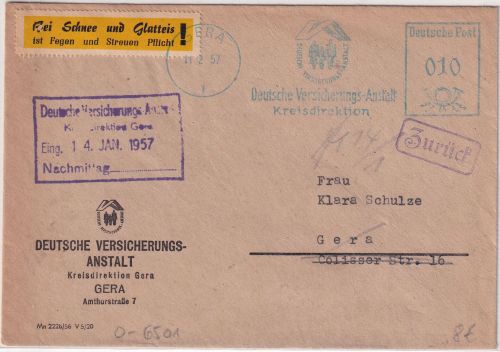DDR - Gera 1957 10 Pfg. AFS "Dt. Versicherungs-Anstalt" Ortsbrief Retourstempel