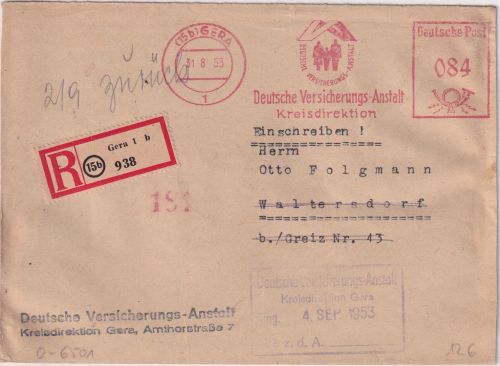 DDR - Gera 1953 84 Pfg AFS "Dt. Versicherungs-Anstalt" Einschreibebrief + Retour