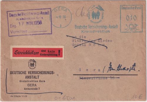 DDR - Gera 1956 10 Pfg AFS "Dt. Versicherungs-Anstalt" Ortsbrief Retour