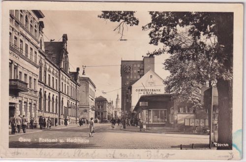 Thüringen - Gera Postamt Gewerbebank etc. sw-Foto-AK gelaufen 1957