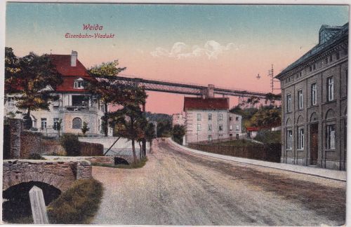 Thüringen - Weida Eisenbahn-Viadukt Straßenansicht farb. AK ungelaufen ca. 1920