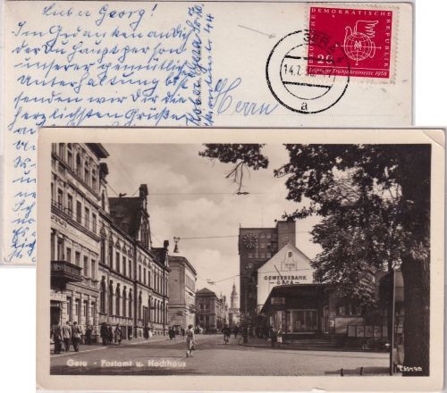 Thüringen - Gera Postamt Gewerbebank etc. sw-Foto-AK gelaufen 1958