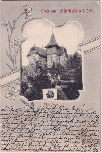 Thüringen - Klosterlausnitz Villa Dora Jugenstil-Passepartout-AK gelaufen 1904