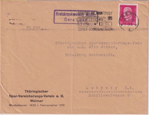 DR - Kreiskrankenhaus Milbitz Gera Land Landpost-Ra2 Brief n. Leipzig 1931