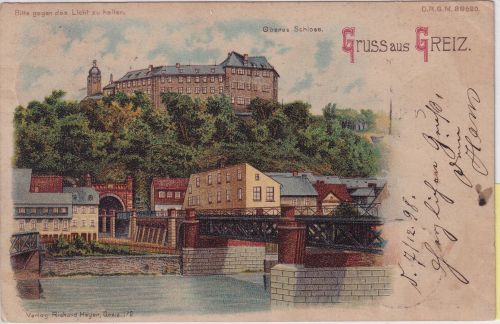 Thüringen - Greiz Oberes Schloss farb. "Halt gegen das Licht"-AK gelaufen 1898