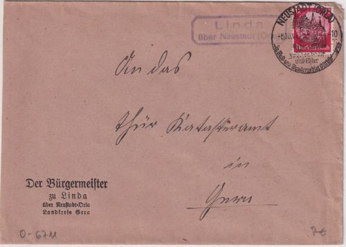 DR - Linda ü. Neustadt (Orla) Landpost-Ra2 Brief n. Gera 1941
