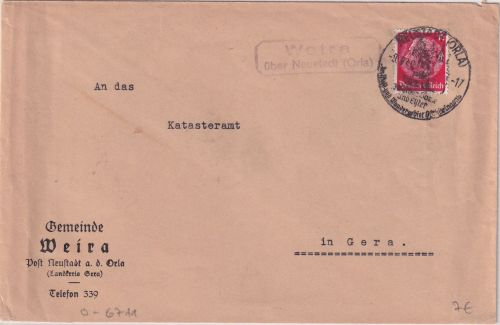 DR - Weira ü. Neustadt (Orla) Landpost-Ra2 Brief n. Gera 1940