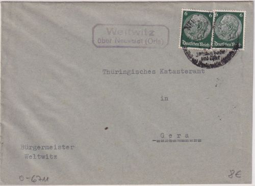 DR - Weltwitz ü. Neustadt (Orla) Landpost-Ra2 Brief n. Gera 1941
