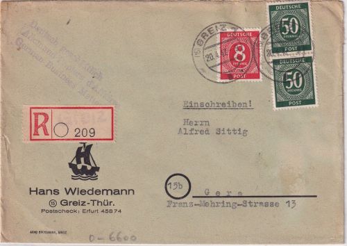 All.Bes. - 2x50+8 Pfg. Ziffer Einschreibebrief Greiz - Gera 1947