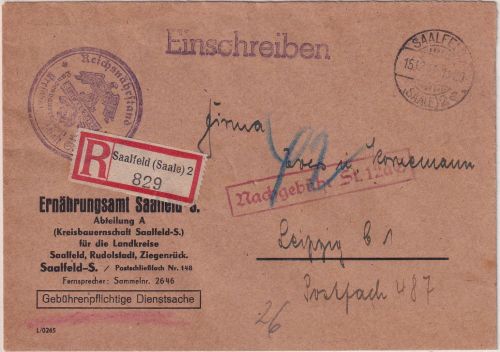DR - Saalfeld (Saale) 1941 Einschreibebrief/portopfl. Dienstsache Nachgebühr