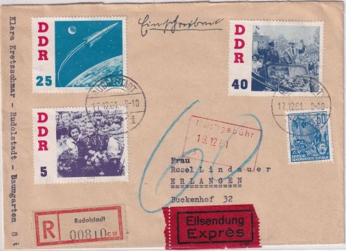 DDR - 40 Pfg. Sowjet-Kosmonaut u.a. Einschreiben-Eilbrief-LAND ! Rudolstadt 1961