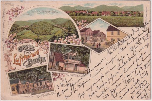 Thüringen - Bucha Gasthaus Straßenpartie etc. Mehrbuild-Farblitho gelaufen 1897