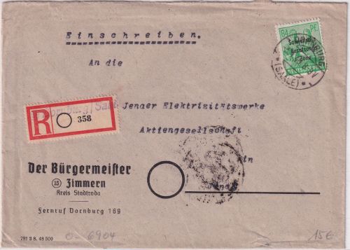 SBZ - 84 Pfg. Arbeiter/Überdruck Einschreibebrief Dornburg (Saale) - Jena 1949