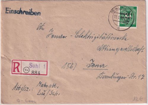 SBZ - 84 Pfg. Ziffer/Überdruck Einschreibebrief Suhl - Jena 1949