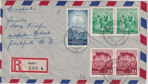 DDR - 12+24 Pfg. Deutschlandtreffen Jugend u.a. Einschreibebrief Suhl 1954