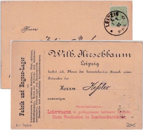 DR - 3 Pfg. Ziffer Drucksachenkarte/Vertreteravis Leipzig - Crimmitschau 1887