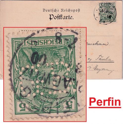 DR - 5 Pfg Germania/Reichspost Perfin "GB" Firmenkarte KOS Leipzig-Plagwitz 1900