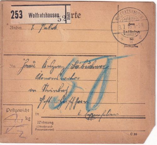 Bayern - Wolfratshausen 1916 unfreie Paketkarte n. Steinbach Post Hirschhorn