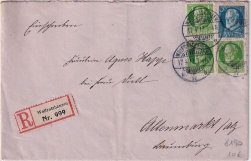 Bayern - 20+3x5 Pfg. Ludwig Einschreibebrief Wolfratshausen - Altenmarkt 1917
