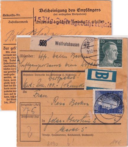 DR - 50+25 Pfg. AH Wertpaketkarte/Beutelstück Wolfratshausen 1943 Erst.vermerk
