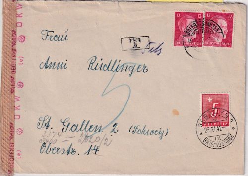 DR - 2x12 Pfg. AH Zensurbrief i.d. SCHWEIZ Wolfratshausen 1942 - Nachporto