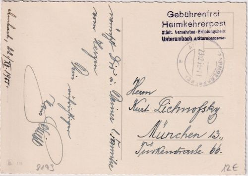 BRD - Ambach (Starnberger See) 1955 portofreie Heimkehrerkarte n. München