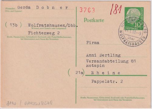 BRD - (13b) Gartenberg ü. Wolfratshausen Poststelle I Ganzsache n. Rheine 1958