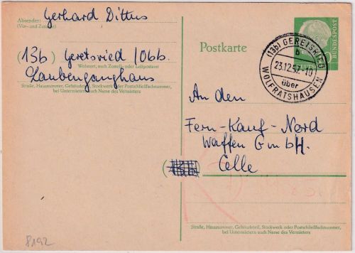 BRD - (13b) Geretsried ü. Wolfratshausen Poststelle I Ganzsache n. Celle 1957