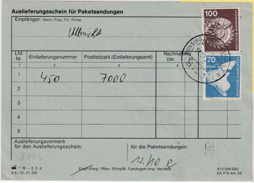 BRD - 100+70 Pfg. I&T Auslieferungsschein/Paketsendungen Münsing 1981
