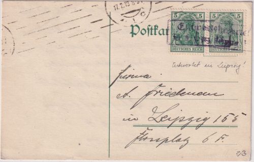 DR - "Entwertet in Leipzig" viol. Ra2 2x auf Karte v. Hamburg 1919