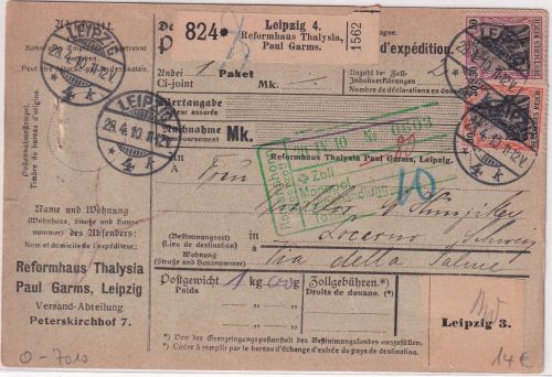 DR - 50+30 Pfg. Germania Paketkarte i.d. SCHWEIZ Selbstbucher Leipzig 4 1910