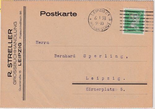 DR - 5 Pfg. Schiller Perfin "RS" Ortskarte Leipzig 1928