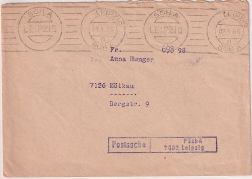 DDR - Leipzig SCHA 1966 apt. Masch.stpl. Postschecksache n. Mölkau