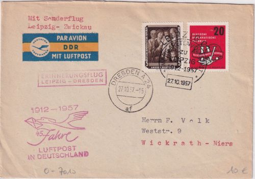 DDR - Leipzig 1957 Sonderflug Leipzig-Zwickau Etappe Dresden Luftüpstbrief