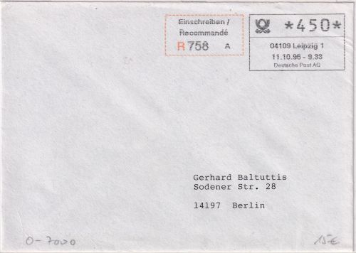 BRD - Leipzig 11.10.96 ABAS-Einschreibebrief n. Berlin + Aufg.schein/Quittung