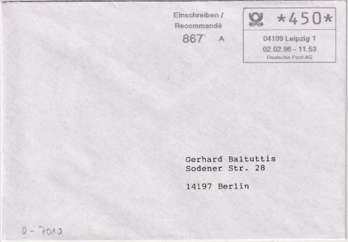 BRD - Leipzig 2.2.96 ABAS-Einschreibebrief n. Berlin + Aufg.schein/Quittung