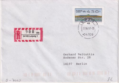 DDR - 450 Pfg. ATM Einschreibebrief n. Berlin 27.6.97 + Aufg.schein/Quittung