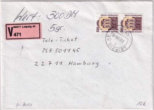 BRD - 2x500 Pfg. SWK Wertbrief (Label !) Leipzig - Hamburg 30.1.95
