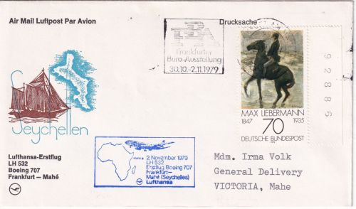 BRD - 70 Pfg. Liebermann Randstück/Bogennummer Luftpostbrief n. SEYCHELLEN 1979