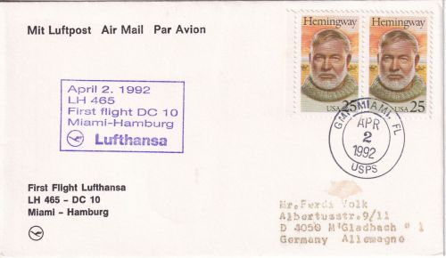 USA - 2x25 C. Hemmingway Luftpostbrief/LH-Erstflug Miami - Hamburg 1992